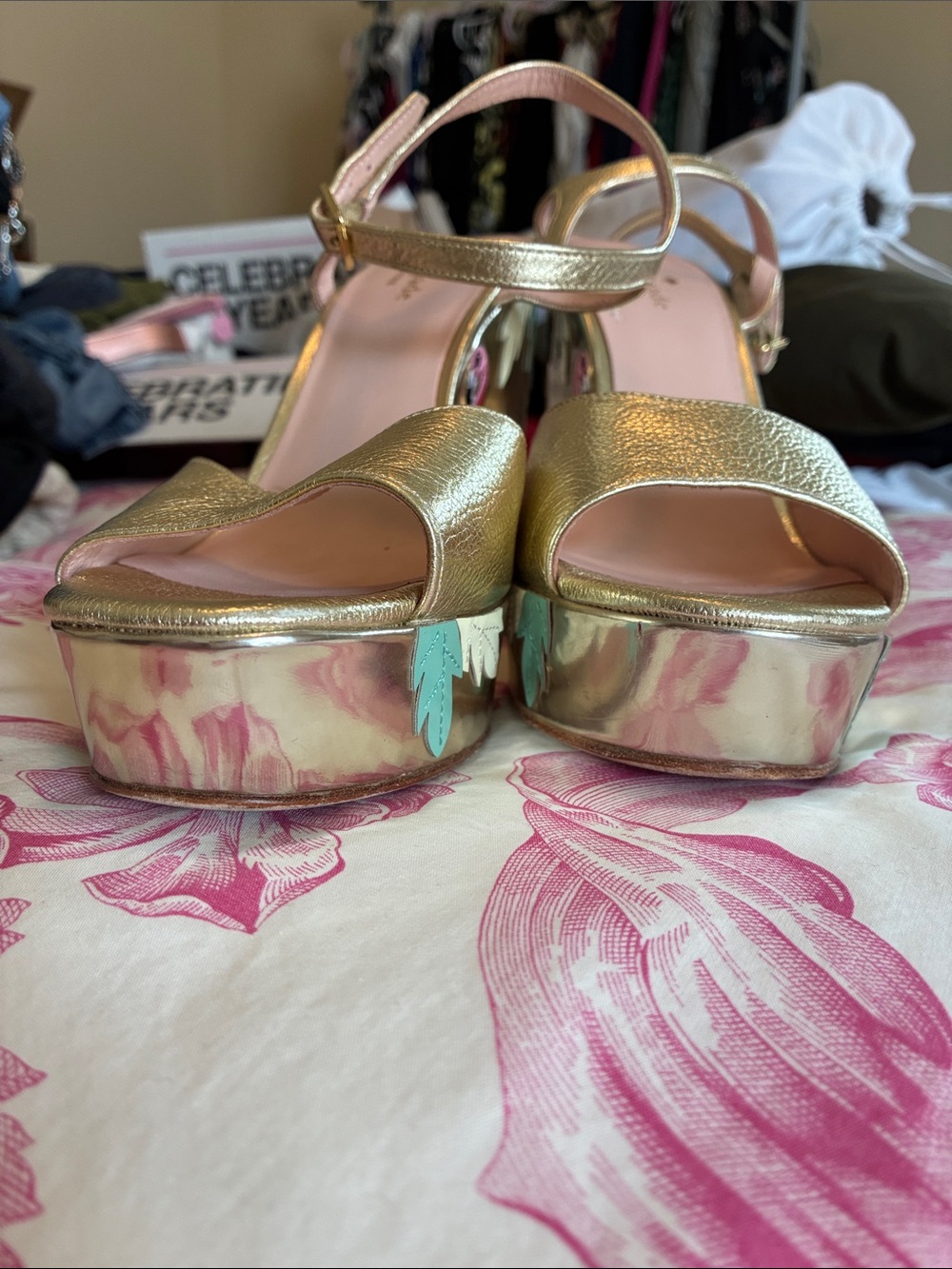 kate spade Gold Platform Wedge Sandals with Pink Flamingo and Teal Leaf Accents - Picture 5 of 8